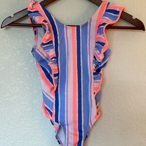 Girl’ Striped Ruffle One-Piece Swimsuit- XS